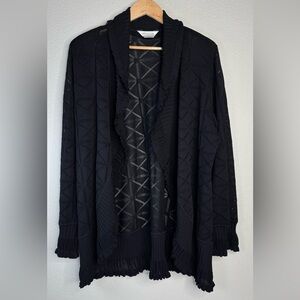 Misook Woman 1X Black Textured Mesh Knit Jacket Ruffle‎ Hem Open Front